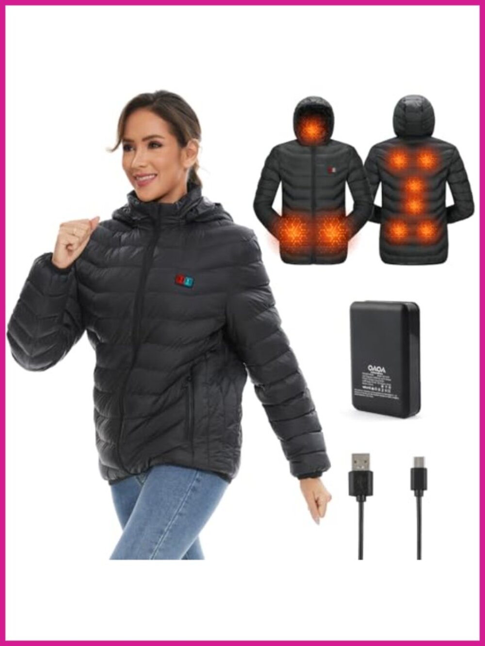 OAOA innovation Women's Heated Ski Jacket 9 Heating Zones 10000mAh Power Bank